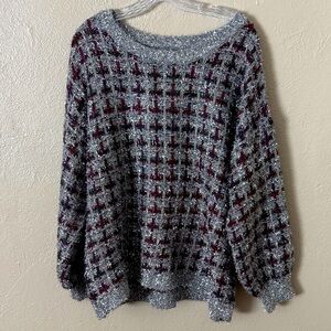 Ashley Stewart Ugly Holiday Tinsel Sweater Women’s Plus Size 3X Silver Plaid